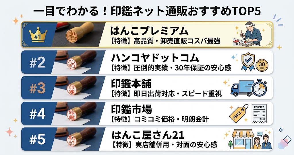 印鑑ネット通販おすすめTOP5比較表（はんこプレミアム、ハンコヤドットコム、印鑑本舗、印鑑市場、はんこ屋さん21）