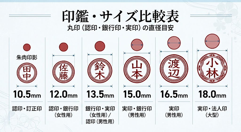 印鑑・サイズ比較表（10.5mm〜18.0mmの丸印・認印・銀行印・実印の直径目安）